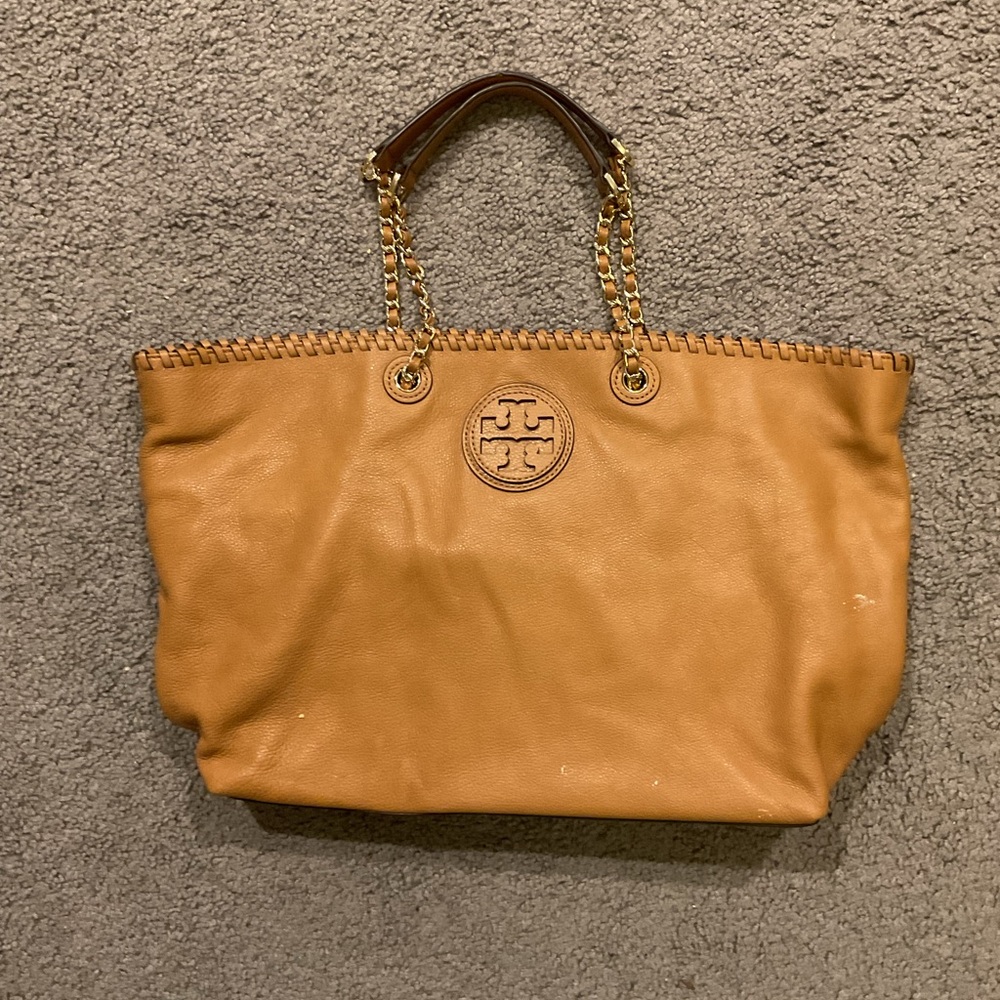 Tory Burch Marion East West Large Brown Leather Tote bag Shoulder Purse Y2K